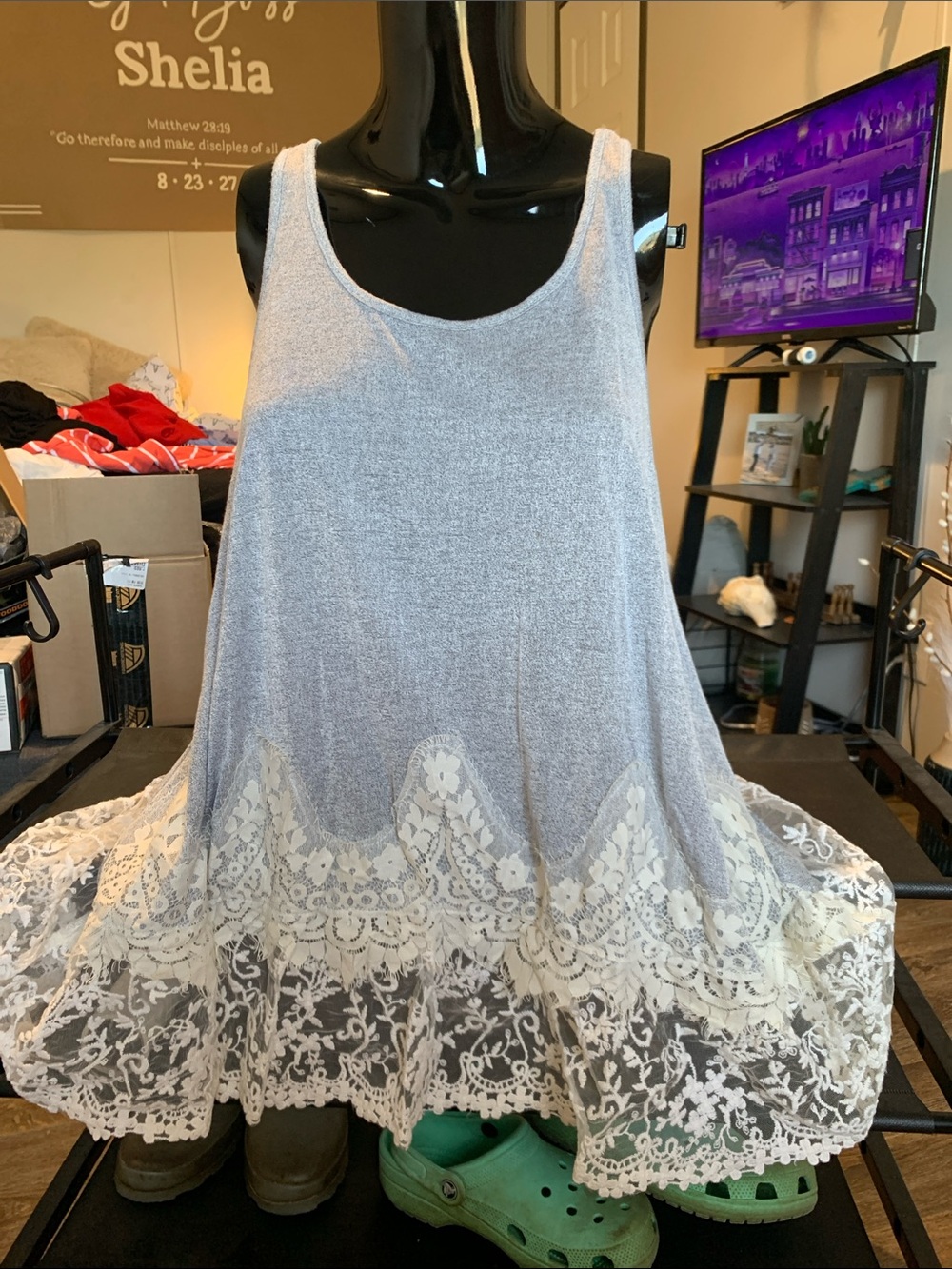 #129 Umgee Light Gray Tank with Cream Lace Hemline